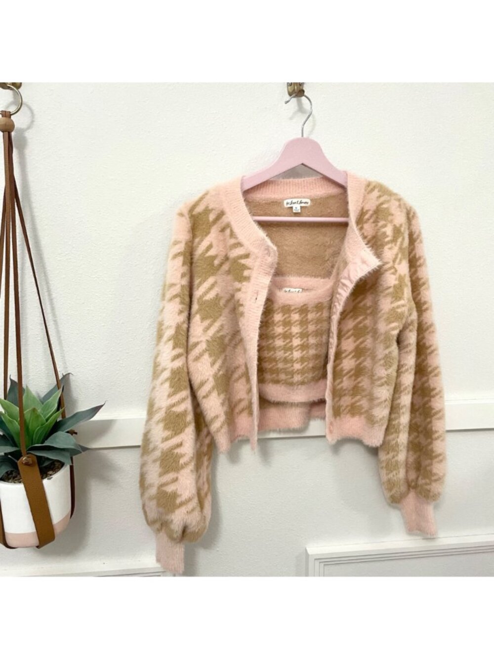 For Love & Lemons Cher Cardigan Tank Skirt Set M Light Pink Orange Houndstooth - Picture 2 of 12